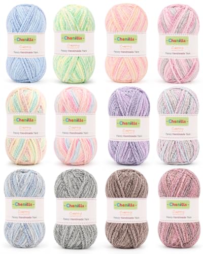 Coopay Skinny Chenille Yarn, 12 Colors Gradient Velvet Yarn for Crocheting | Sport Weight Yarn - 1.76oz/87m Each (#2), Ultra Fine Soft Crochet Yarn for Blankets, Scarves, Plushies & Handmade Projects ﻿ - color: 12 Color Gradient Tones, size: #2 Thin