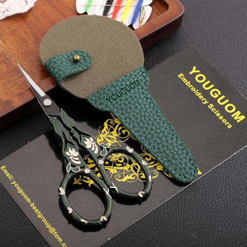 YOUGUOM Crochet Stitch Scissors with Cover, Small Crafting Shears | Vintage, Sharp, for Sewing, Embroidery, Needlework, Knitting, Yarn, Paper, Detail Thread Snips, Mini DIY Tools, Green - color: Golden Green