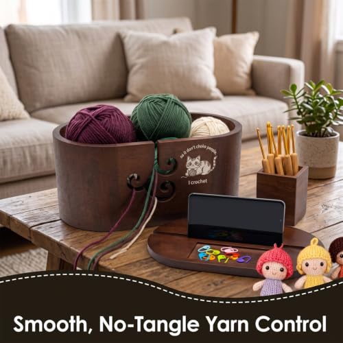Oval Yarn Bowl Set with Lid & Phone Slot，for Knitting & Crocheting | Oval Crochet Yarn Holder Bowl with 9PCS Knitting Hooks Crochet and 10 Stitch Markers, for Knitters, Crocheters