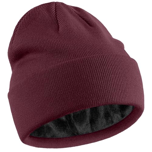 Fleece Lined Wool Beanie Hat Men Women, Warm Cuffed Winter Cap | 50% Wool Thermal Knit, Soft Velvet Fleece Liner, Long Style Full Ear Cover Warm Watch Cap, Tall Roomy Crown Skull Cap - color: Winered