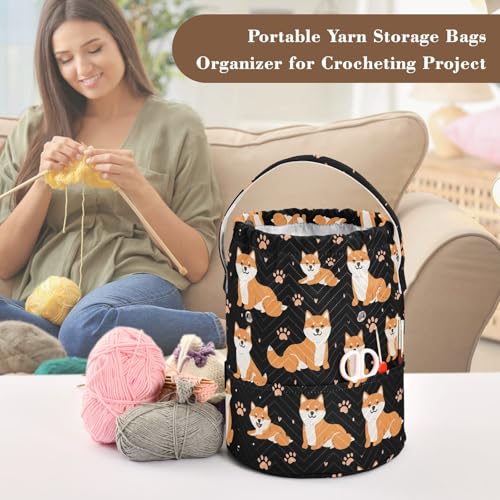 Fustylead Cute Cartoon Shiba Inu and Paw Prints Large Crochet Organizer, Durable Polyester Drawstring Basket Yarn Storage Bag for Crochet Hooks, Knitting Needles, Project and Sewing Supplies - color: Black01 Shiba Inu