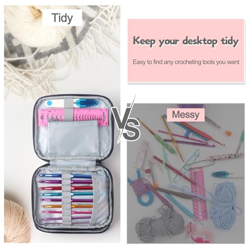 Katech Portable Travel Crochet Hooks Case w/Zippe Pocket Elephant Pattern | Hooks Organizer with Zipper, Web Pocket and Crochet Holder Slots for Knitting Accessories Needles During Tour - color: Elephant Pattern