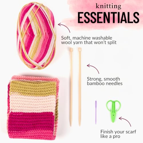 The Spinning Hand Knitting Kit for Beginners Adults – Educator-Designed, Self-Striping Wool Yarn, Bamboo Needles & Video Tutorials (Dragonfruit) - color: Dragonfruit