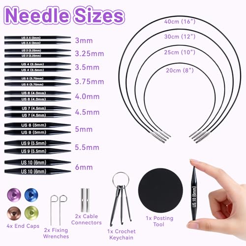 Reessy Short Interchangeable Circular Knitting Needles Set – 2” Aluminum Tips (3.0–6.0mm), 20–40cm Cables – Interchangeable Shortie Needles for Socks, Sleeves & Small Projects - color: black