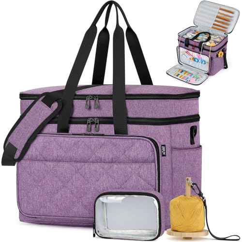 Crochet Organizer Bag with Yarn Holder, Large Yarn Storage for Accessories | 3PCS Crochet Knitting Bag with Accessory Pouch for Hooks, Needles, Travel Tote, Crochet Lovers, Gift for Crafters, No-Tangle - color: Purple
