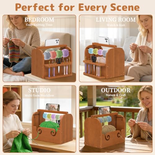 Upgraded Yarn Holder for Crocheting, Bamboo Yarn Holder (Brown) | Built-in Phone Stand, Bottom Storage, Tangle-Free Dual Rods & Tool Holder, Ideal Crochet Accessories for Skein, Ball Yarn - color: Brown Upgraded Yarn Holder