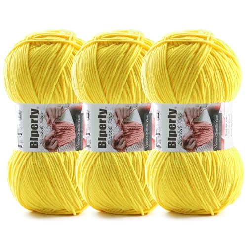 Skinny Chenille Yarn for Crocheting and Knitting - 3 Pack of 100g/317yds Ultra Soft Fluffy Plush Velvet Yarn - #2 Crochet Yarn for Amigurumi, Blankets, Plush Dolls, Baby Clothes (3, Golden Yellow) - color: Golden Yellow
