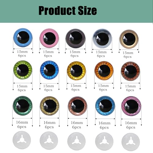 ARTCXC 180pcs 3Style 15mm&16mm Safety Eyes Craft Eyes for DIY Crochet | 180pcs(90pcs Eyes + 90pcs Washers), Rich Variety Colors and Styles, for DIY Crochet Dolls Plush Animal Handmade Crafts Decor