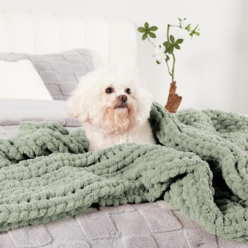 Chenille Chunky Knit Throw Blanket for Couch 50"x60", Sage Green | Handmade Chenille Crochet Throw for Sofa Bed, Thick Cable Knitted Blankets for Room Home Decor, Birthday Gift for Women - color: Sage Green, size: 50"x60"