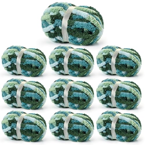 Chunky Jumbo Chenille Yarn Multicolor 10 Pack | 2000g/240yds Super Bulky Baby Soft Yarn for Hand Knitting Fluffy Chunky Knit Throw Blanket Yarn - color: Tea-Mint-Green