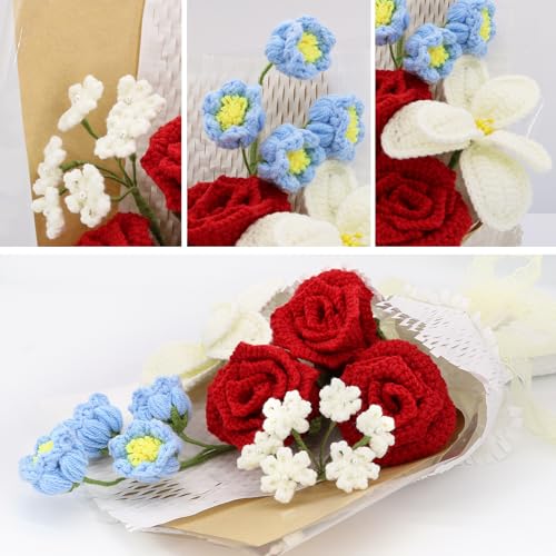 Marvogo Handmade Crochet Flower Bouquet,Crochet Flowers for Loved Ones | Crochet Flower,Crochet Rose, Bell Orchid, Tulip, Finished Artificial Flower Ideal for Lovers, Family and Friends red - color: Red