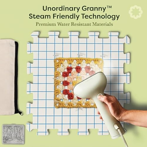 Unordinary Granny® Crochet Blocking Set-9Pc Extra Thick 12x12 Interlocking EVA Foam Mats with Grid, 150 T-Pins, Felt Storage Bag and Cotton Pouch, Soft White - color: Soft White