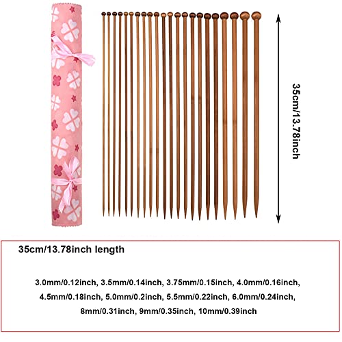 TopHomer 22 Pcs 11 Sizes Bamboo Straight Needle Set for Knitting with Carrying Case Single Pointed Knitting Needles Gift for Beginners Handmade(25cm with Textile Packaging) - style: 25cm with Textile Packaging