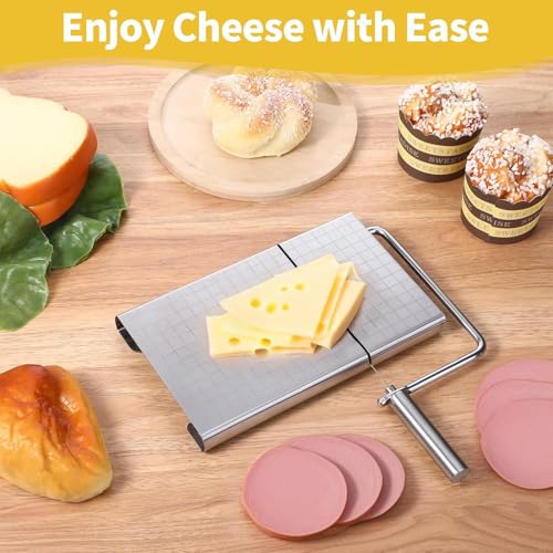 Cheese Slicer with Measuring Grid, Stainless Steelasy | Metal Cheese Cutting Board for Block Cheese, 5 Replacement Extra Wires, Easy Replacement, Easy to Clean, Dishwasher Safe