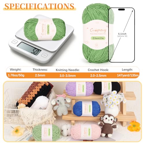 Coopay Skinny Chenille Yarn, Soft Yarn for Crochet & Knitting, Green | Crochet Yarn Set - 600g Total, Soft Velvet Yarn for Colorful Crafts, Blankets, Plush Dolls, Decorative Handmade Works - color: Pure Green, size: #2 Thin