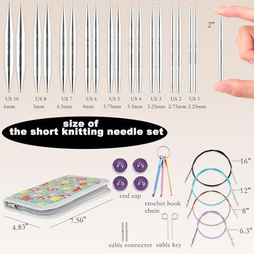 Svartur 2 inch Interchangeable Circular Knitting Needles, Stainless Steel Shorties Interchangeable Knitting Needles with 4 Assorted Cables, Storage case - color: Stainless Steel-2in-9 Pairs
