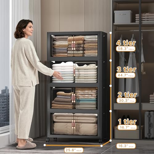 UAMFURI Stackable Storage Bins, 480QT Collapsible Drawers with 1 Lid | Large Capacity, Magnetic Door, Stack Lock, Rolling Wheels, Foldable Design, Organizers and Storage for Bedroom Dorm Garage - color: Dark-112QT, size: 4Pack with 1 top lid