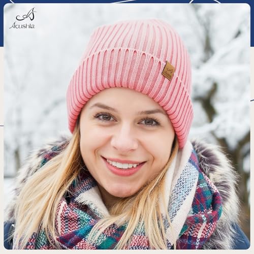 ACUSHLA Waterproof Windproof Winter Hat for Men Women Fleece-Lined Beanie - color: Pink