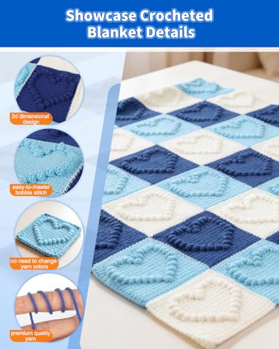 Coopay Crochet Kit for Beginners, 3D Heart Granny Square Blanket Kit, Set B | Complete Bobble Stitch Crochet Blanket Kit with Video Tutorial, Easy DIY Crochet Kit for Adults, Ideal Crochet Gift - color: Blue/White Heart-Shaped