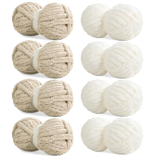 HOMBYS 4 Cream+4 Khaki Chunky Chenille Yarn for Hand Knitting,Fluffy Soft Jumbo Yarn Crocheting,Super Bulky Big Yarn for Chunky Blanket,Large Thick Arm Knitting Yarn,8 Pack Plush Yarn - color: 4 Cream+4 Khaki