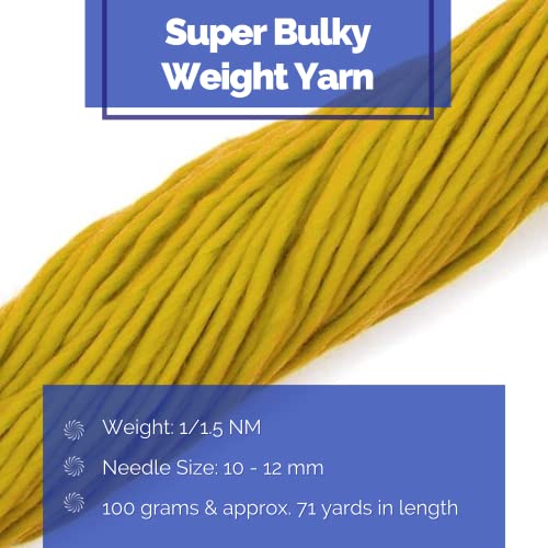 Revolution Fibers | Premium Super Bulky Merino Wool | 100-Grams, Chunky Weight Thick Wool for Knitting, Crochet, Baby Blanket, Dyed, Felting, Weaving, Mustard Yellow - color: Mustard (Yellow)