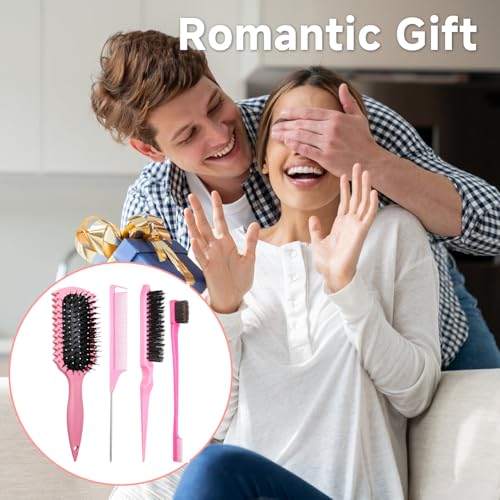 Curl Defining Brush, Curly Hair Brush Products With 3 Pcs Slick Back Hair Brush Set Bristle Brush Edge Control Teasing Comb for women (Pink) - color: pink