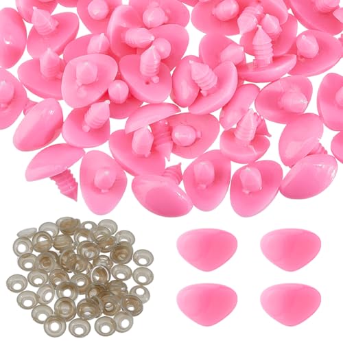 SUPERFINDINGS 70 Sets Pink Safety Noses Craft Plastic Triangle Nose with Washers Stuffed Animals Noses for Rabbit Doll Bear Plush Animal Puppet Crafts Supplies, Width:19.5mm