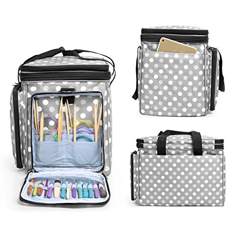 LUXJA Portable Yarn Knitting Storage Tote Bag, Gray Dots | Fits Knitting/Circular Needles Up to 14 Inches, Yarn Bag With Cover & Shoulder Strap for Crochet Hooks & Craft Accessories - color: Gray Dots