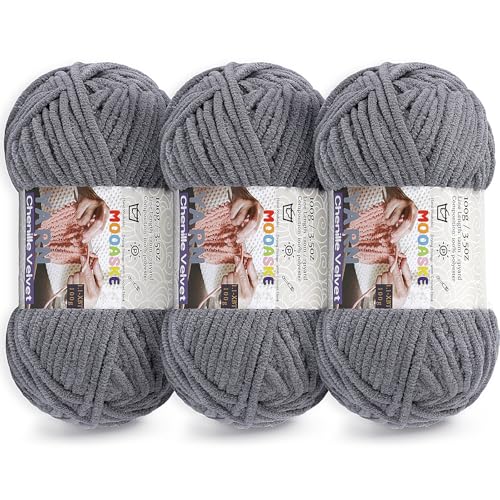 Mooaske Chenille Yarn for Crocheting, 300g/393yds Fluffy Baby Blanket Yarn | Soft plush thick chenille yarn for crocheting. 300g/393yd total. Ideal for baby blankets, amigurumi, scarves & home decor. - color: Dark Grey