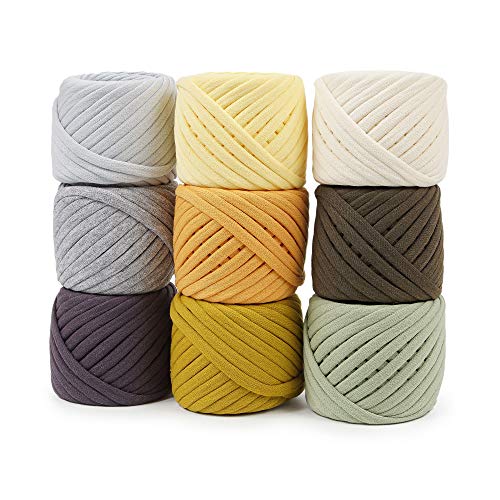 Bobilon 7-9 mm T-Shirt Yarn Kit - 9 Cotton Balls, Crochet - Angelina Set | 9 balls of 100% cotton t shirt yarn, 196 yds total, 7-9 mm; matching colors for crochet, knitting and macrame - color: Angelina