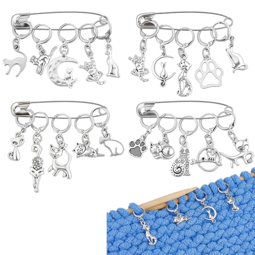 PH PandaHall 20 Styles Cat Stitch Markers with 4PCS Safety Pins Paw Print Moon Crochet Stitch Marker Charms Antique Silver Kitten Knitting Locking Marker for Weaving Quilting Sewing Jewelry Making - color: Antique Silver