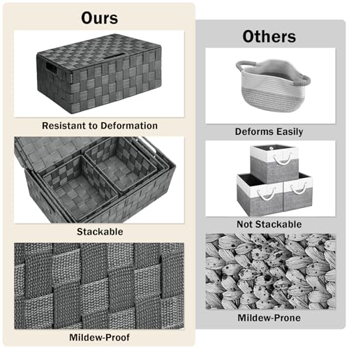 Storage Baskets with Lids: 5 Pack Stackable Woven Storage Bins, Grey | Decorative Woven Baskets for Organizing with Built-In Handles for Shelves, Closets, Cabinets and Cubbies, Gift Small Basket - color: Grey, size: 5pack with Lids