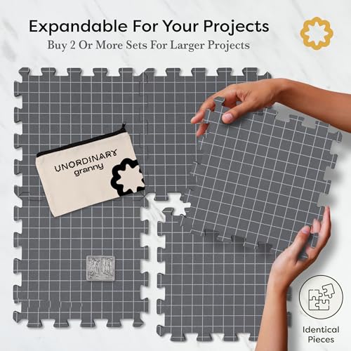 Unordinary Granny® Crochet Blocking Set-9Pc Extra Thick 12x12 Interlocking EVA Foam Mats with Grids, 150 T-Pins, Premium Felt Bag and a Cotton Pouch, Grey - color: Grey