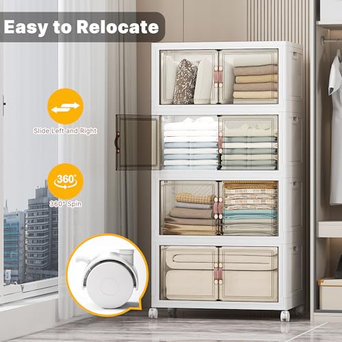 UAMFURI Stackable Storage Bins, 448QT Collapsible Drawers with Lid & Wheels | Large Capacity, Magnetic Door, Stack Lock, Rolling Casters, Foldable Design, Organizers and Storage for Bedroom Dorm Garage - color: White-112qt, size: 4Pack with 1 top lid
