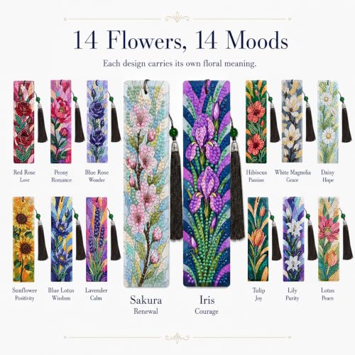 14 PC Diamond Art Flower Bookmark for Adults Gem Bling Bedazzling Kit Women | Bead Art Leather Book Mark Christmas Craft Making Kit Rhinestone Pearl Art DIY Paint by Dots Book Lover Gift - color: Flowers