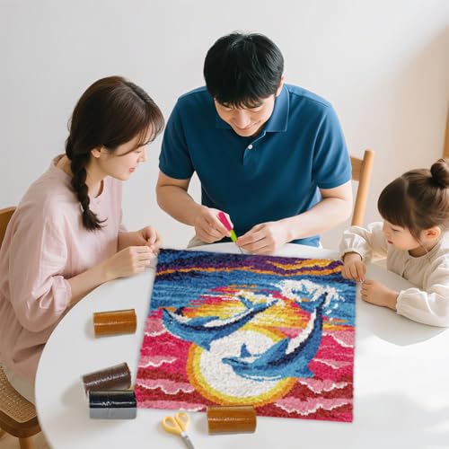 FREEBLOSS 17 x 17 Latch Hook Kits for Adults Beginners Dolphin Pre Printed DIY Crochet and Latch Kits Pillow Cover for Home Sofa Decoration, Includes Instructions
