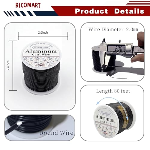 12 Gauge Aluminum Craft Wire Black 80FT 2mm, Jewelry Making, Flexible Bendable Armature Wire for Sculpting, Floral Crafts, Metal Wire Wrapping, DIY Art Projects & Wreath Making - color: Black, size: 12gauge