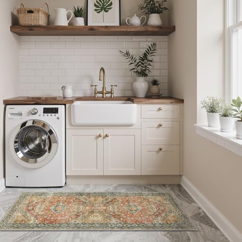GENIMO Kitchen Rugs Set of 2, Washable Non Slip Cushioned Mats for Floor | 20"x32"&20"x59", Retrobrick vintage boho rug, soft faux cashmere, low pile, easy-clean for laundry, entryway, sink, farmhouse - color: Retrobrick, size: 20"x32"+20"x59"
