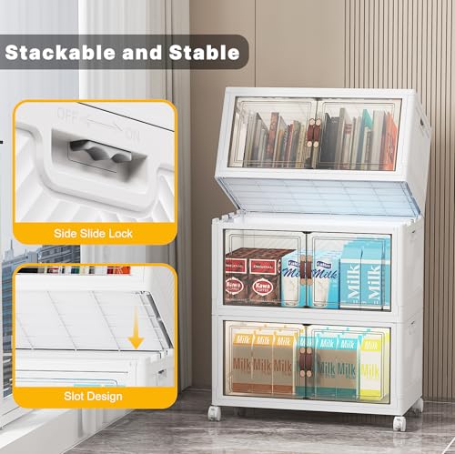 UAMFURI Stackable Storage Bins, 312QT Collapsible Drawers with 2 Lids | Large Capacity, Magnetic Door, Stack Lock, Rolling Wheels, Foldable Design, Organizers and Storage for Bedroom Dorm Garage - color: White-52qt, size: 6Pack with 2 top lids