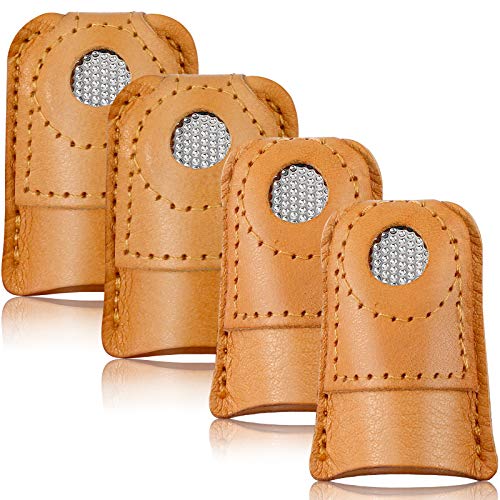 WILLBOND 4 Pcs Leather Thimble Finger Protector for Hand Sewing, 2 Sizes | Coin Shape, Quilting Knitting Needlework Use, Soft Cowhide, Fits Most Fingers, 2 Pcs Each Size