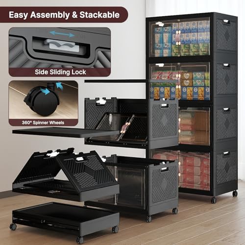 UAMFURI Stackable Storage Bins, 1440QT Collapsible Drawers with 2 Lids | Large Capacity, Magnetic Door, Stack Lock, Rolling Wheels, Foldable Design, Organizers and Storage for Bedroom Dorm Garage - color: Dark-175QT, size: 8Pack with 2 top lids