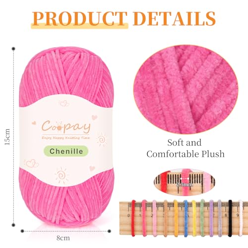 Coopay Skinny Chenille Yarn for Crocheting & Knitting, Pink Gradient | Crochet Yarn Set - 600g Total, Velvet Yarn for Colorful Crafts, Blankets, Plush Dolls, Decorative Handmade Works - color: Light Pink Tones, size: #2 Thin