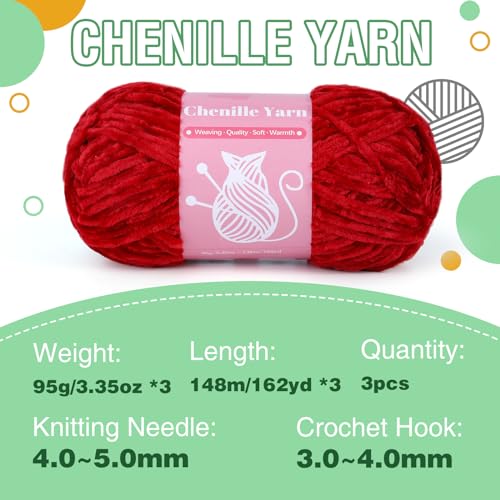 LUNARM Chenille Yarn for Crochet Knitting Chunky Blanket Velvet Yarn | 3 Pack 3.5oz/100g 486 Yard Chenille Yarn for Beginners Knitting Scarves with Big Eye Needles Machine Washable - color: Fresh Red