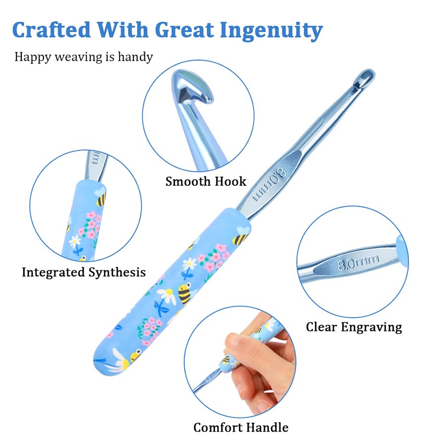 Blingcute 12 Pcs Ergonomic Crochet Hook Set 2-8 mm with Floral Case. | Smooth aluminum tips work across varied yarn weights; engraved markings stay easy to identify throughout each project.