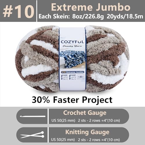 Cozyful Chunky Yarn for Hand Knitting - #10 Chunky Chenille Blanket Yarn, Jumbo Big Thick Chunky Yarns for Crocheting, Tie Dye Bulky Knit Yarns, 8 Skein (20 yds 8 oz Each Skein), Multi Coffee & White - color: Multi Coffee & White