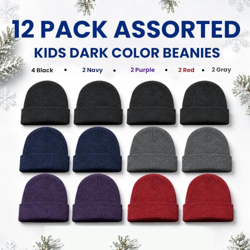 Yacht & Smith Wholesale Beanie and Glove Winter Bulk Kit, Kids Adults Bulk Sets, Homeless Donation Shelters - color: 12 Pack Kids Dark Beanies