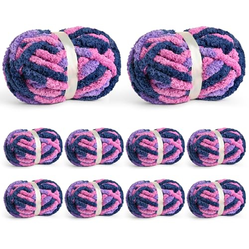 10 Pack Jumbo Chunky Yarn for Hand Knitting, Fluffy Chunky Chenille Yarn for Crocheting, Variegated Chunky Knit Baby Blanket Yarn, 240 yds /70.5 oz Super Bulky Yarn(Vibrant Purple) - color: 10 Vibrant Purple