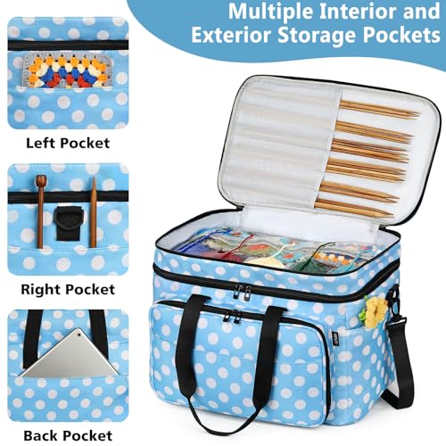 Crochet Organizer Bag with Yarn Holder, Large Yarn Storage for Accessories | 3PCS Crochet Knitting Bag with Accessory Pouch for Hooks, Needles, Travel Tote, Crochet Lovers, Gift for Crafters, No-Tangle - color: Polka Dots
