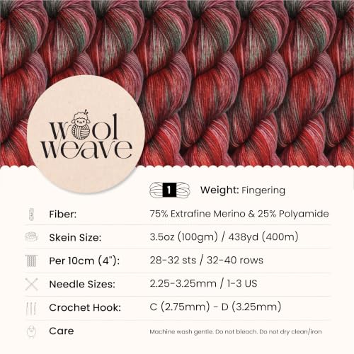 Woolweave Fingering Yarn, Merino Wool Blend, Hand Dyed Yarn, 100g, 438yd | 75% Extrafine Merino Wool & 25% Polyamide, Lightweight, Soft & Durable for Knitting & Crocheting - Carnival - color: Carnival