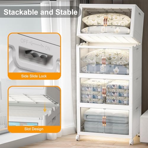 UAMFURI Stackable Storage Bins, 1440QT Collapsible Drawers with 2 Lids | Large Capacity, Magnetic Door, Stack Lock, Rolling Wheels, Foldable Design, Organizers and Storage for Bedroom Dorm Garage - color: White-175QT, size: 8Pack with 2 top lids